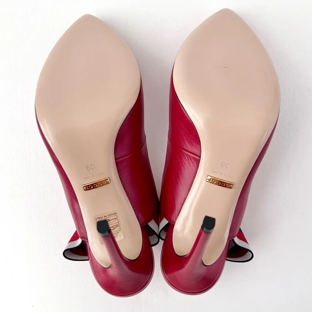 New‎ GUCCI | Sylvie Web Stripe Slingback Red Leather Pointed Pumps EU 39 US 9